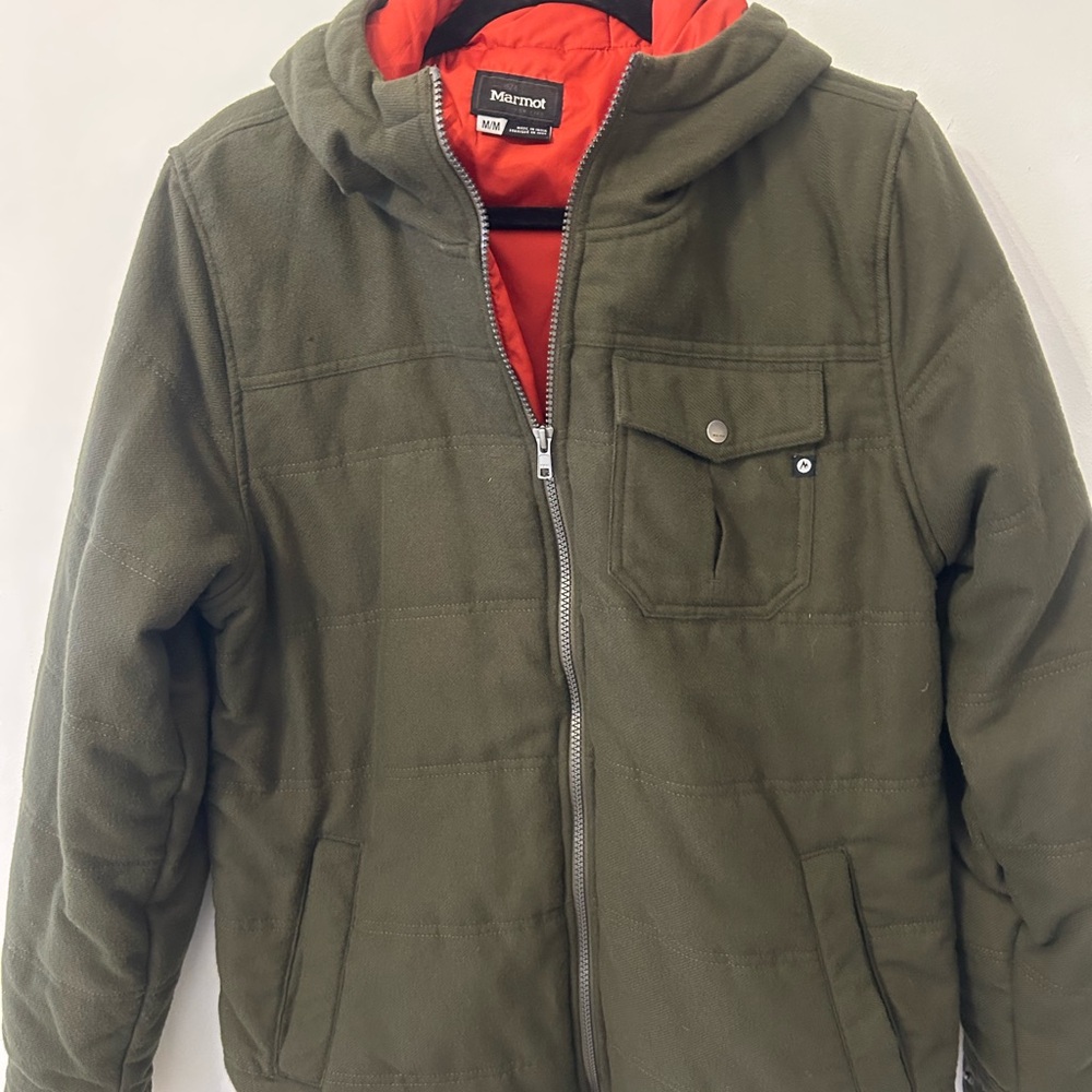 Marmot Banyons Insulated Hoodie Full Zip Army Green Orange Jacket Men's Sz M - Picture 2 of 13